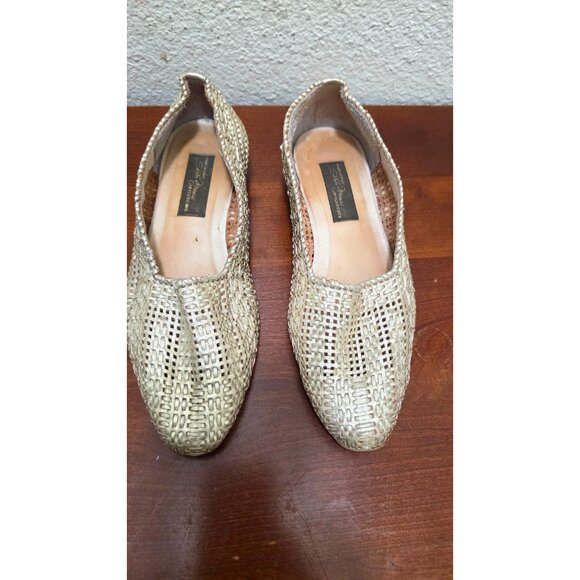 Vintage Sesto Meucci Women's Gold Woven Leather Loafers Low Wooden Heel Sie 6 - Picture 2 of 8